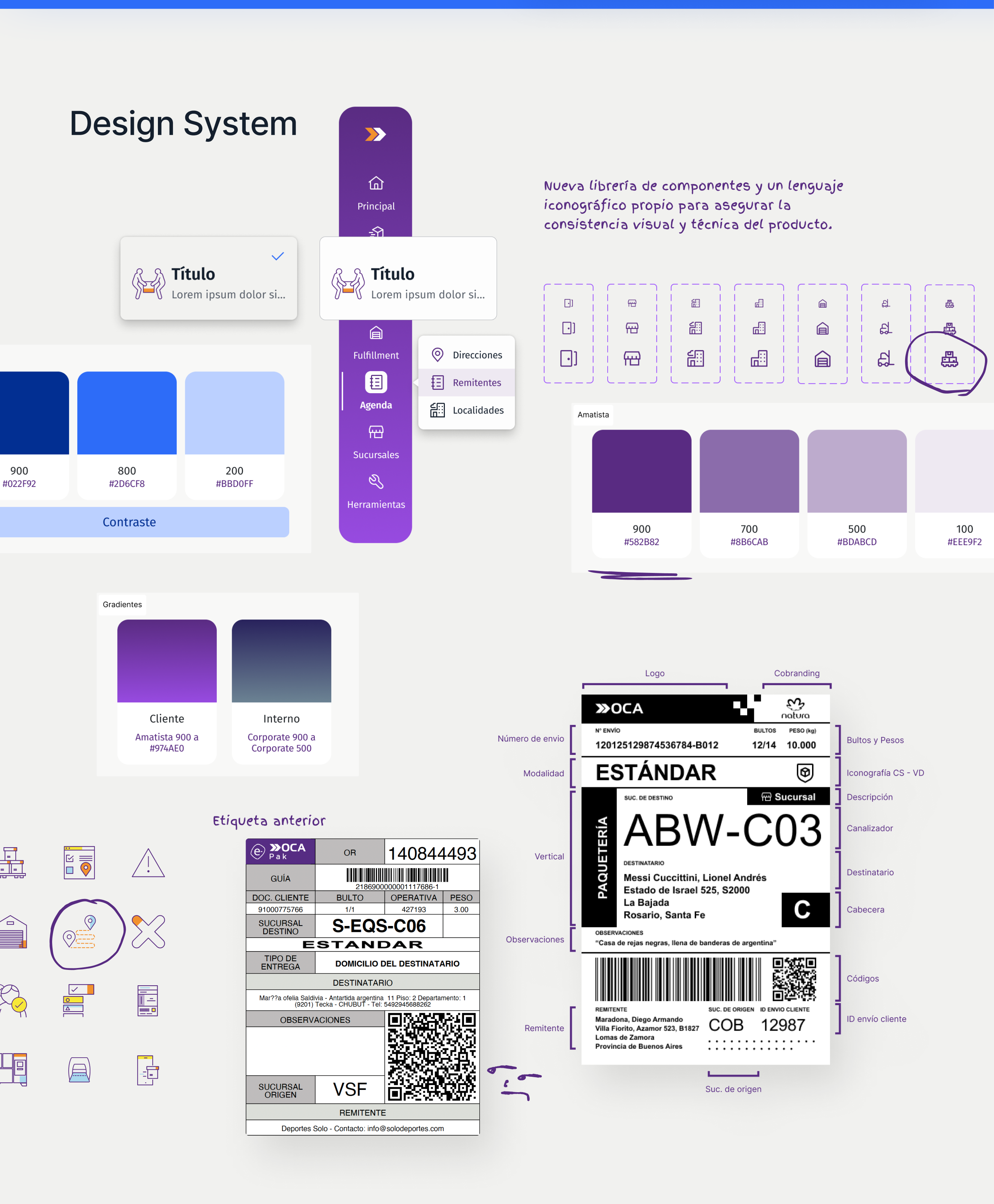 Design system de ePak: escalas de color Corporate y Amatista con sus tokens, gradientes, navegación lateral, librería de iconos y la etiqueta de envío rediseñada frente a la anterior.