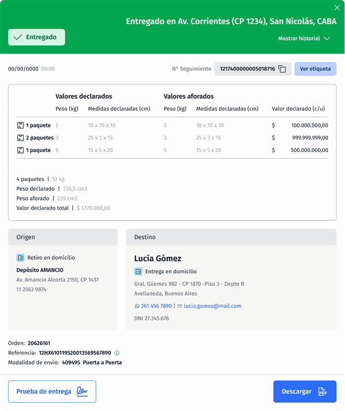 Detalle de un envío entregado en ePak: cabecera verde con el estado y la dirección, tabla de valores declarados y aforados por paquete, bloques de origen y destino, y acciones de prueba de entrega y descarga en PDF.
