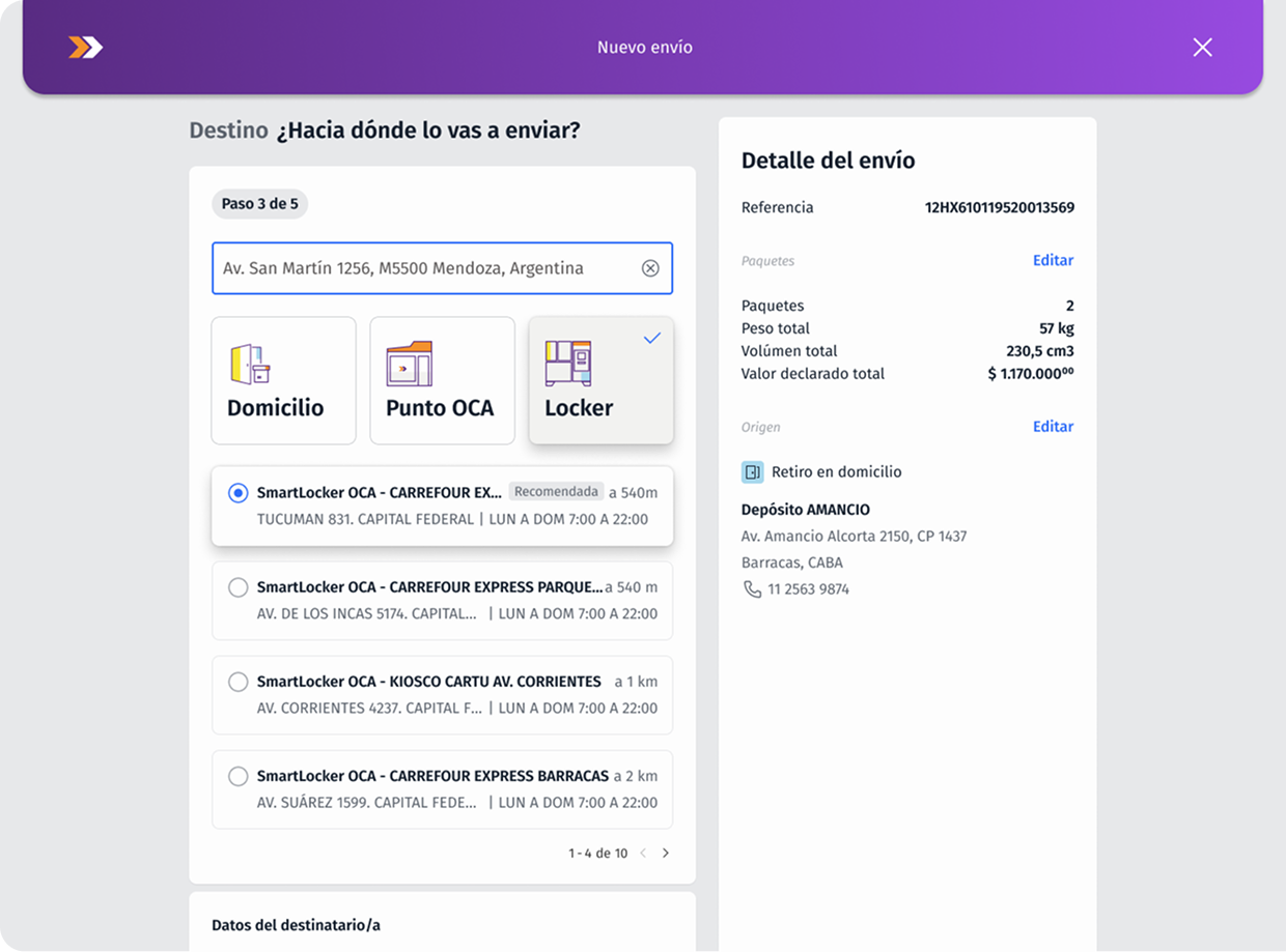 Listado de envíos de ePak rediseñado: buscador por número de seguimiento o destinatario, filtros, columnas de fecha, seguimiento, ID de envío, destinatario, bultos y estado con etiquetas de color, y descarga de CSV para la selección.