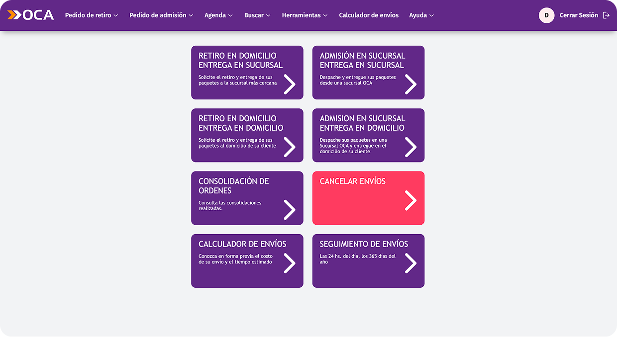 Historial de envíos de ePak antes del rediseño: tabla con columnas de estado en porcentajes, ordenada por número de orden, con acciones repetidas de exportar, cancelar e imprimir etiqueta.