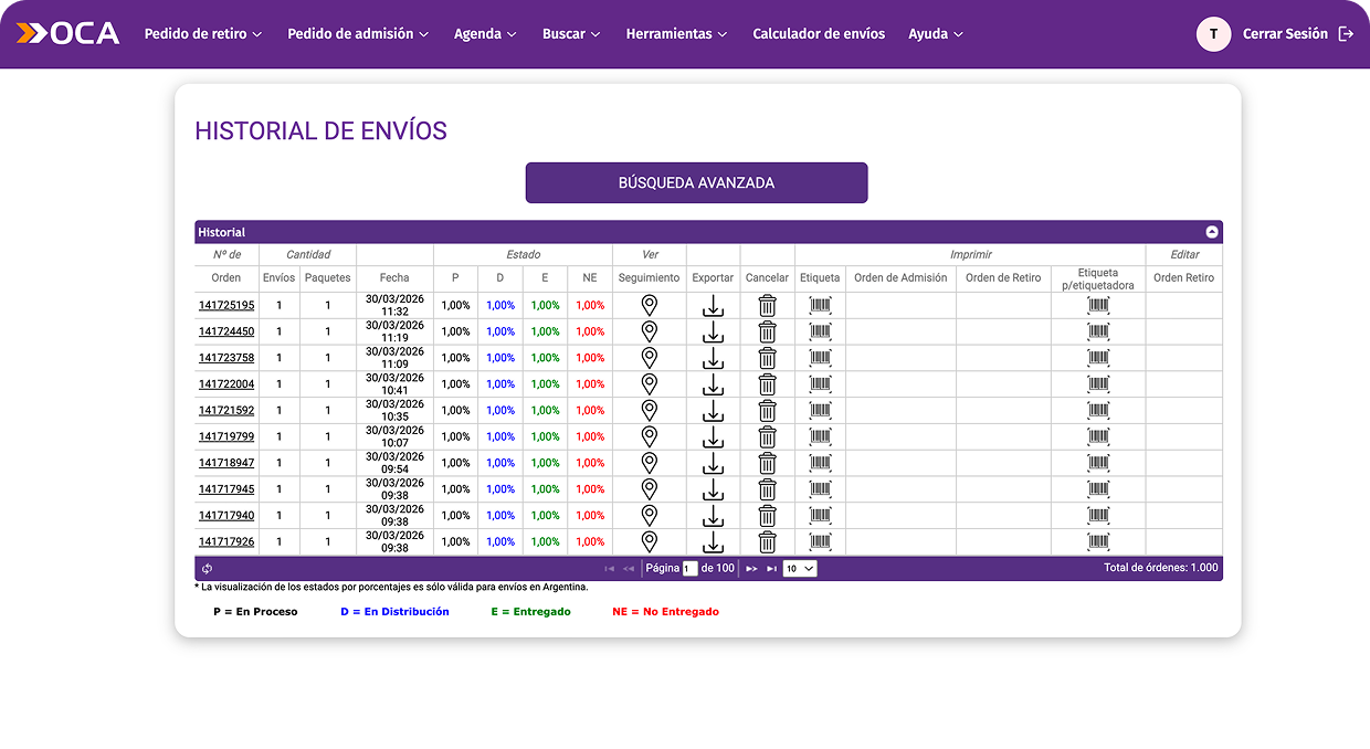 Página principal de ePak antes del rediseño: ocho tarjetas violetas con las modalidades de envío y la opción Cancelar envíos destacada en rojo.