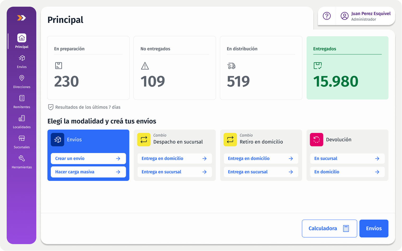 Pantalla principal de ePak rediseñada: navegación lateral violeta, cuatro contadores de estado con En preparación 230, No entregados 109, En distribución 519 y Entregados 15.980, y las modalidades de envío, cambio y devolución con sus acciones.