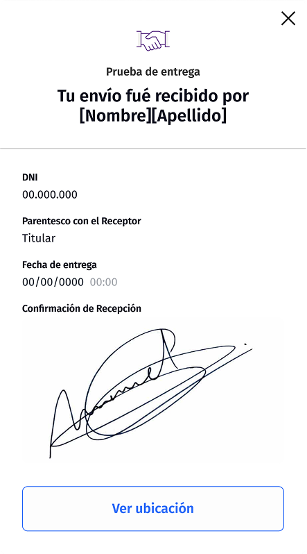 Prueba de entrega de ePak: quién recibió el envío, DNI, parentesco con el receptor, fecha de entrega y la firma de confirmación de recepción, con acceso a ver la ubicación.