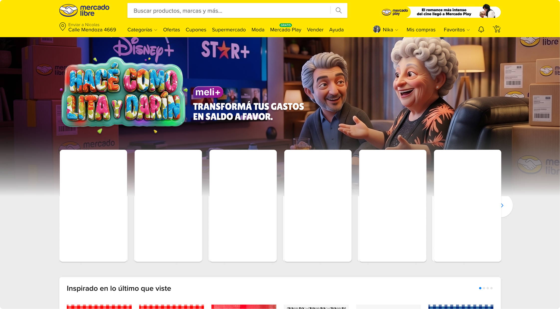 Hero de la home de Mercado Libre con el banner de Meli+ protagonizado por Lita y Darín