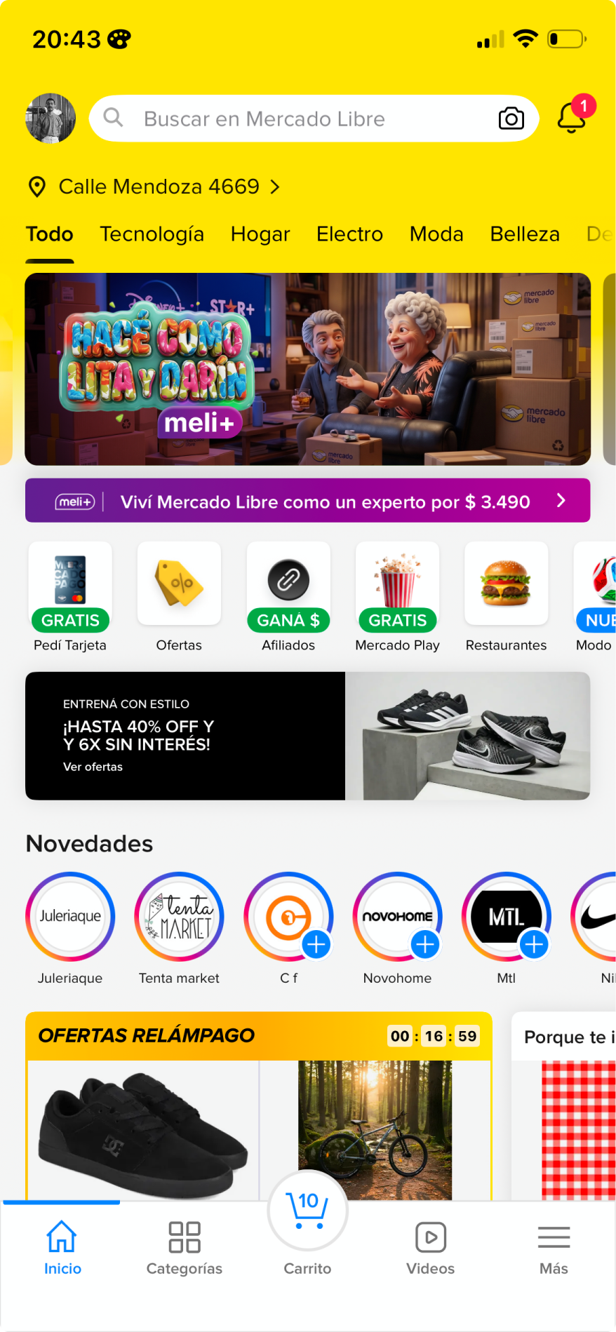 Home de la app de Mercado Libre con el carrusel de Meli+ y la banda de suscripción