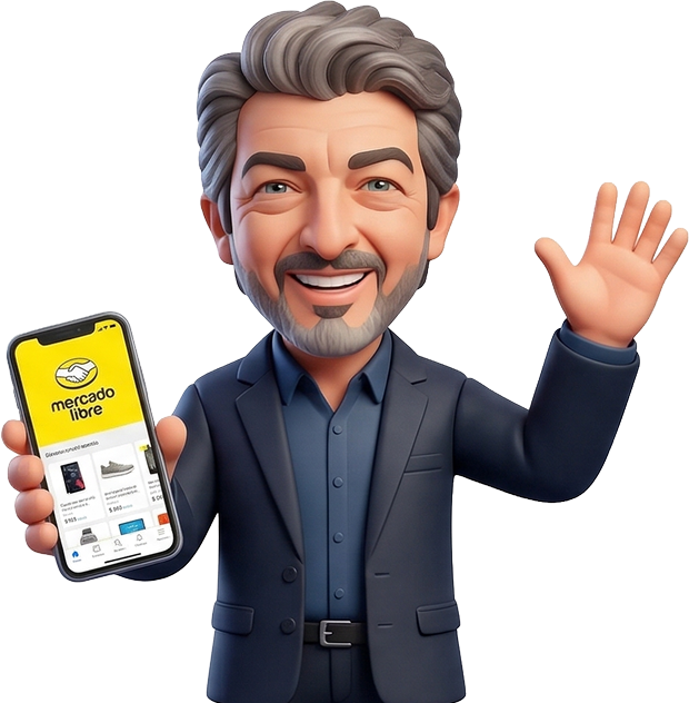 Ilustración 3D de Ricardo Darín con la app de Mercado Libre