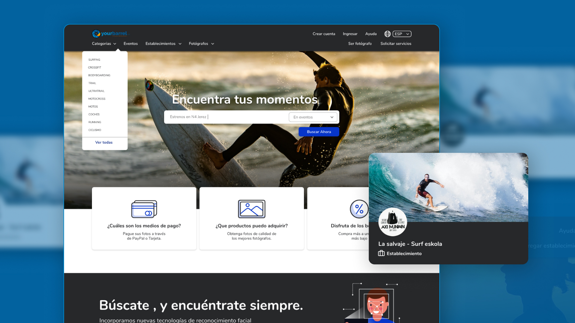 Yourbarrel — home con el buscador de fotos por evento y la tarjeta de un establecimiento